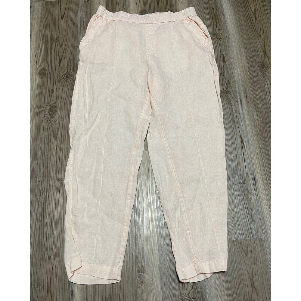 Nicole Miller Womens L 100% Linen Blush Pink Pull On Pants Pockets Elastic Waist
